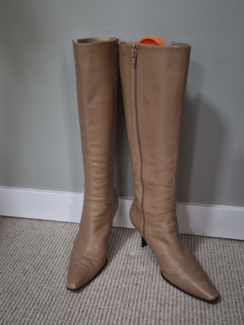Stuart Weitzman Beige Knee-High Leather Heeled Boots
